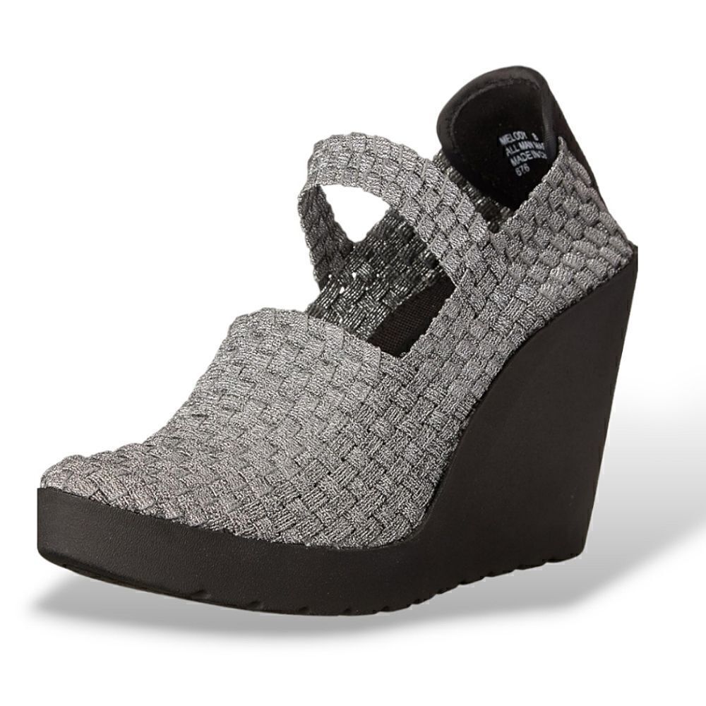 Steven by Steve Madden "Melody" Silver Metallic Woven Stretch Wedge Heels